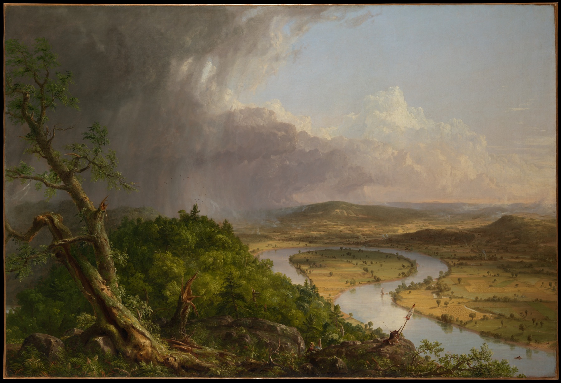 View from Mount Holyoke, Northampton, Massachusetts, after a Thunderstorm (The Oxbow), by Thomas Cole: a storm retreating over wild forest on the left, cultivated river fields in sunlight on the right