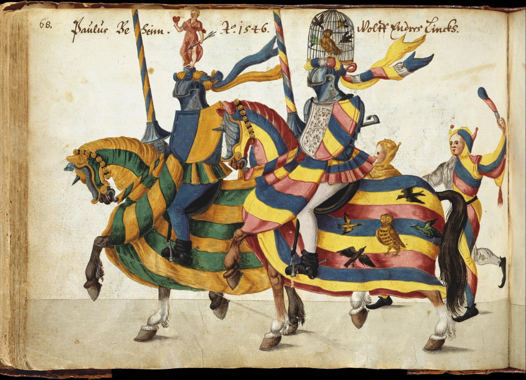 Folio 68 of the Album of Tournaments and Parades in Nuremberg: two knights in matched heraldic livery ride in procession with a jester, painted in watercolor, 1546