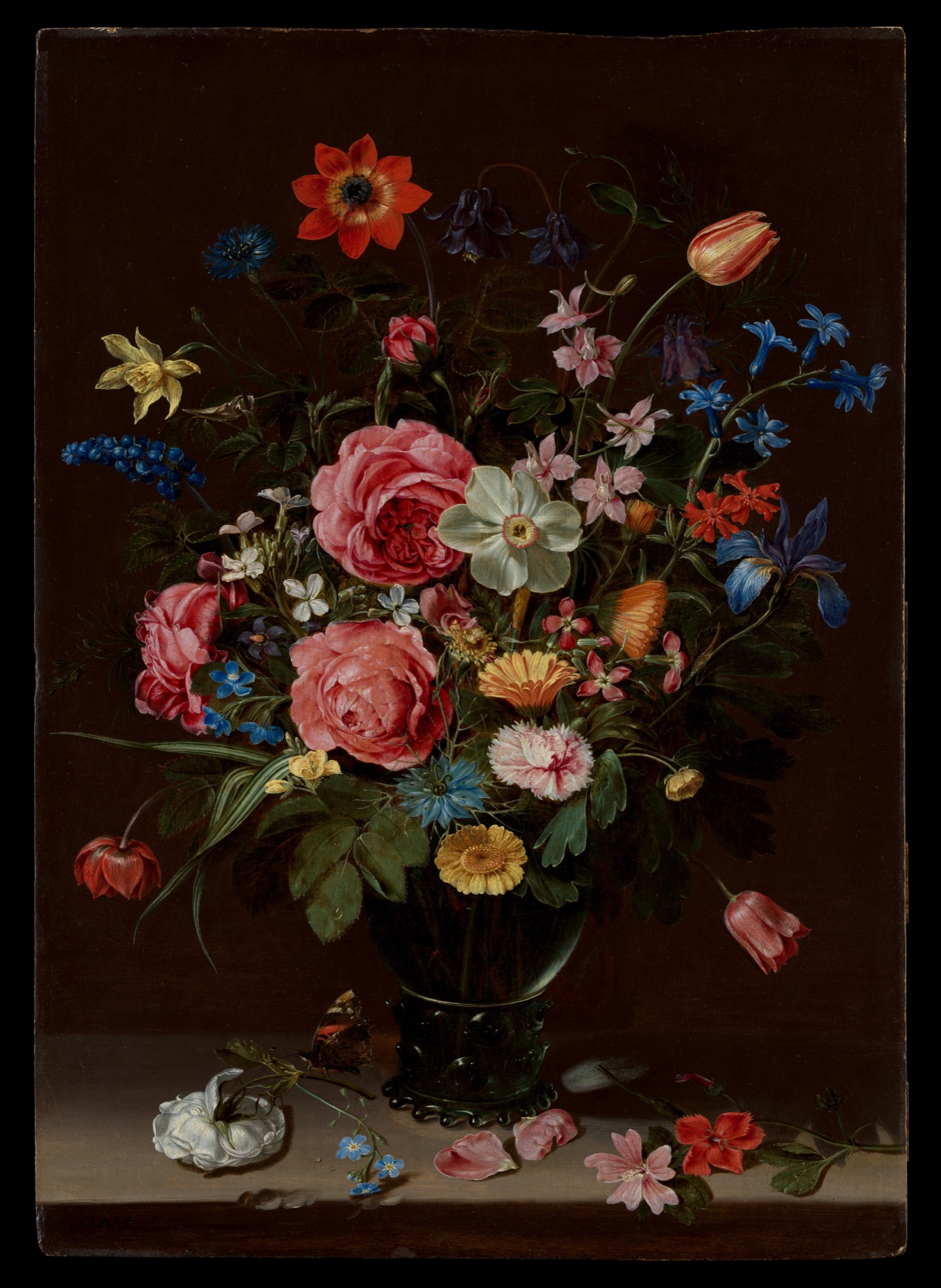 A Bouquet of Flowers by Clara Peeters: roses, tulips, irises, daffodils, and dozens of other species gathered in a single glass vase on a stone ledge